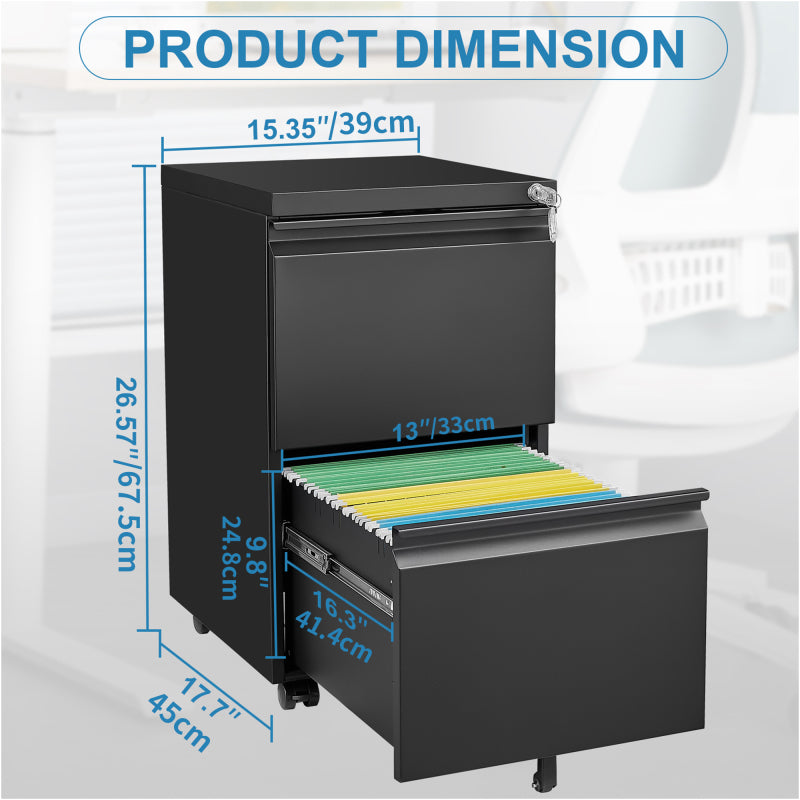 2 Drawer File Cabinet with Lock, Metal Under Desk Rolling Filing Cabinet fits Letter/Legal/A4 Size for Home Office, Mobile Filing Cabinet, Assemble Required, Black