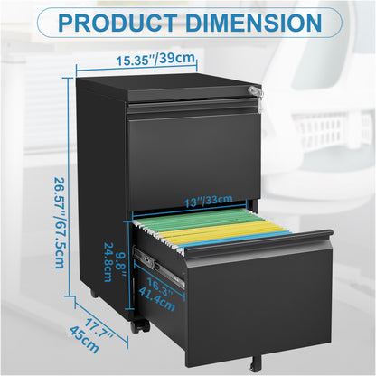 2 Drawer File Cabinet with Lock, Metal Under Desk Rolling Filing Cabinet fits Letter/Legal/A4 Size for Home Office, Mobile Filing Cabinet, Assemble Required, Black