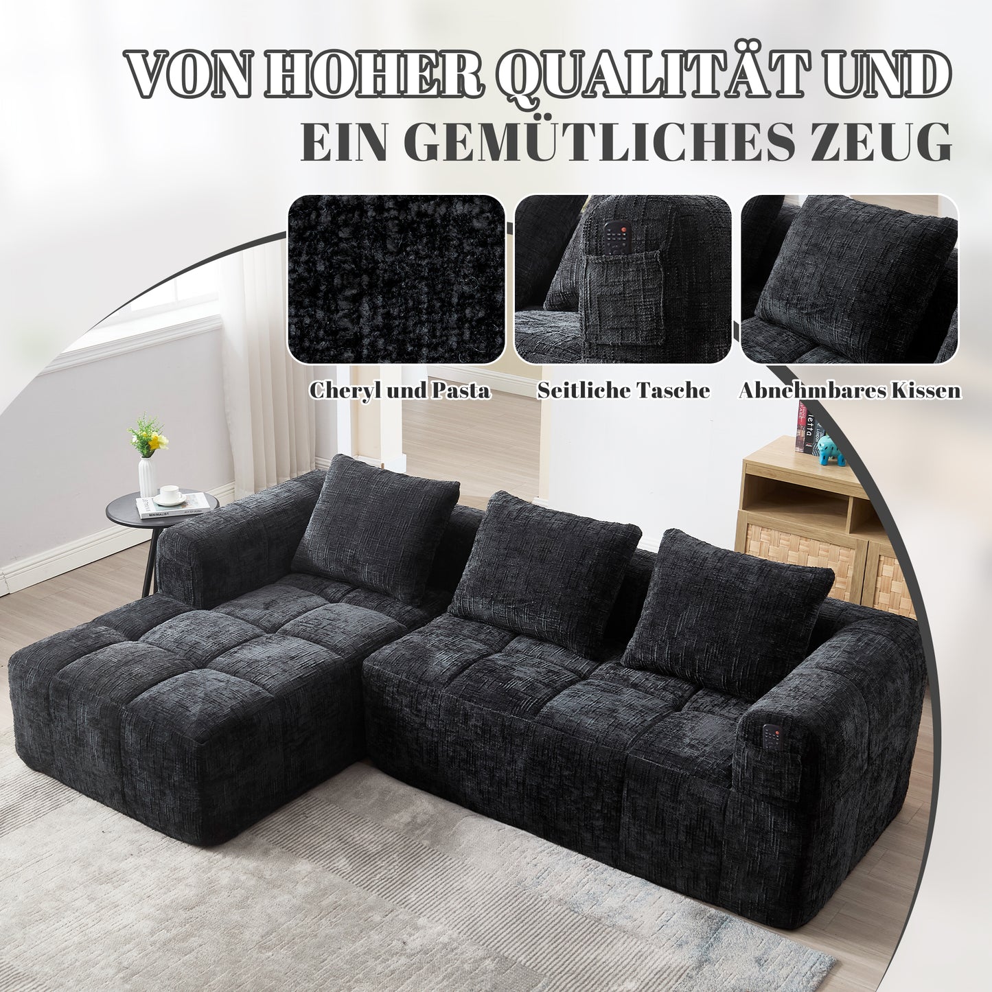 Modernes Sektionssofa, L-Sofa, 3-Sitzer-Sofa, keine Installation erforderlich, Chenille-Sofa mit Chaiselongue und Armlehnen, 3 Kissen, Seitentasche für Fernbedienung, Schwarz
