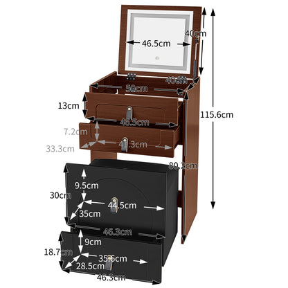 Schminktisch(Enthält Make-up-Hocker), Multifunktionaler Aufbewahrungshocker Nachttisch, mit Spiegel und LED-Beleuchtung, mit 3 Schubladen, schwarz+braun