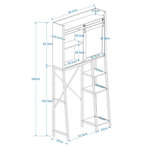 Badezimmer Regal über der Toilette mit Schiebetür im Scheunenstil, verstellbaren Regalen und seitlichem Aufbewahrungsregal, Weiß