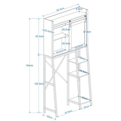 Badezimmer Regal über der Toilette mit Schiebetür im Scheunenstil, verstellbaren Regalen und seitlichem Aufbewahrungsregal, Weiß