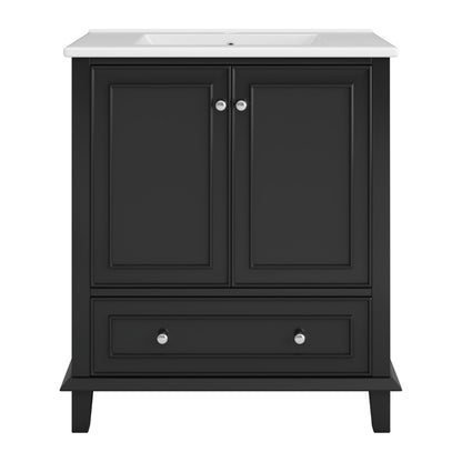 Badezimmerschrank 73x45x87 cm, MDF & Massivholzbeine, feuchtigkeitsbeständig, viel Stauraum, integriertes Keramikwaschbecken, Schwarz