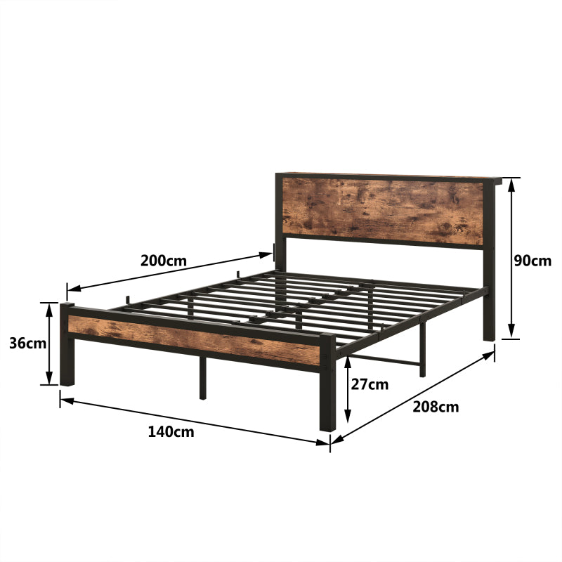 140x200 cm Metallgestell mit Stauraum-Kopfteil, Einzelnes Metall-Plattformbettgestell, Geräuschfrei, Metalluntergestell, Ohne Boxspring Notwendig, Vintage Braun