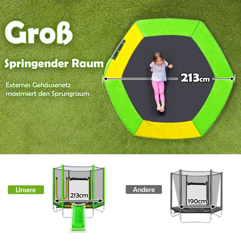 Kinder Trampolin Outdoor Ø 213 cm Gartentrampolin mit Rutsche, Leiter, Netz, Doppeltür und Gepolsterten Stangen,TÜV Zertifiziert,bis 100 kg