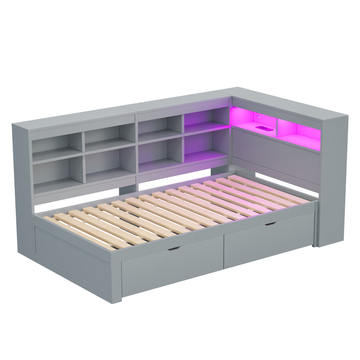 Massivholz-Einzelbett 90x200 Weiß mit LED & USB-Steckdose - Multifunktionales Schlafsofa mit Regalen, Ablagefächern & viel Stauraum, Grau