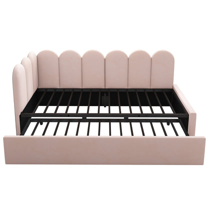 Polsterbett Daybett 90x200cm,Tagesbett Schlafsofa mit Ausziehbett 90x190cm, Kinderbett mit Lattenrost, Samt, Rosa, ohne Matratze