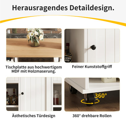 Moderne Kücheninsel (127×46×91,5cm) Küchenschrank Essschrank mit Holzmaserung Esswagen mit multifunktionalem Stauraum und herausnehmbaren Trennwänden, weiß