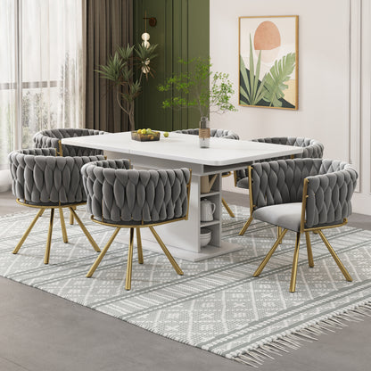 Samt-Esszimmerstuhl, einzelner heller Luxus-Wohnzimmer-Schlafzimmer-Drehstuhl, Freizeit-Drehstuhl mit vier Stützbeinen aus Metall,Grau und Gold