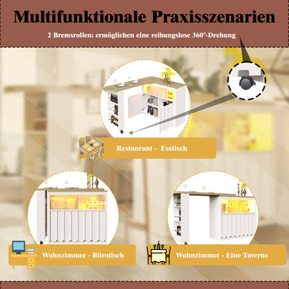 Ausziehbarer Bartisch 135-205cm mit LED & USB, Mobiler Hochtisch Weiß, Teleskop-Kücheninsel mit Glas-Schiebetür & Soft-Close, Gestreift