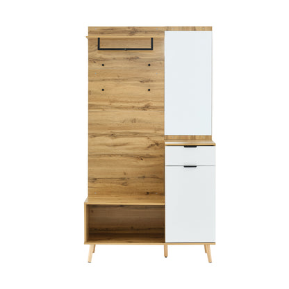 Multifunktionales Garderobenset aus Holz mit Spiegel, Schuhbank, Schuhschrank, Schublade, Regal und Kleiderhaken – Modernes Design mit hydraulischen Scharnieren und praktischem Stauraum