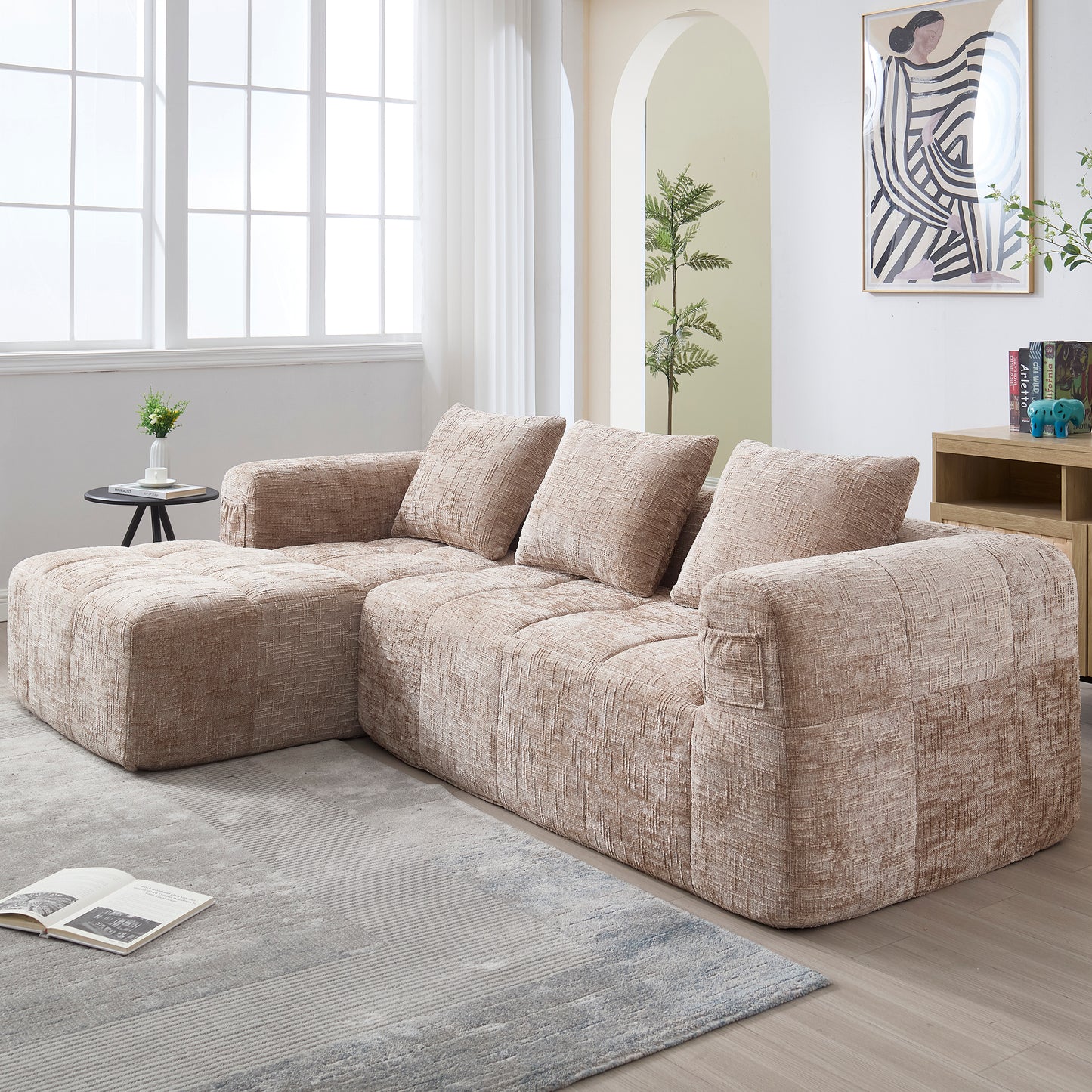 Modernes Sektionssofa, L-Sofa, 3-Sitzer-Sofa, keine Installation erforderlich, Chenille-Sofa mit Chaiselongue und Armlehnen, 3 Kissen, Seitentasche für Fernbedienung, khaki