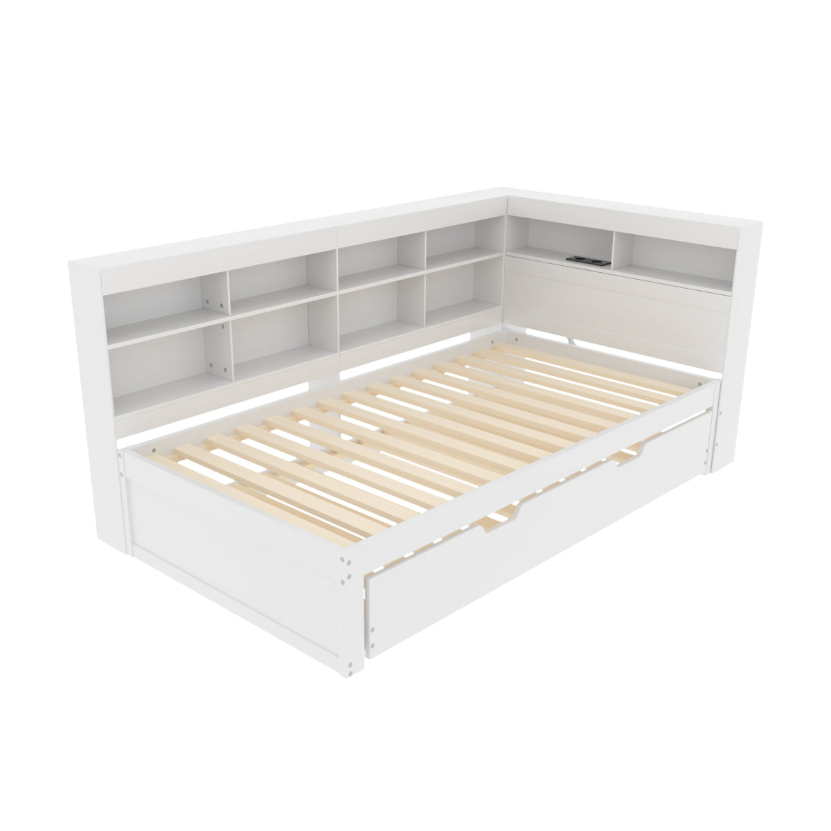 Multifunktions-Schlafsofa 90x200 & 90x190 Ausziehbar - Massivholz Weiß mit USB-Anschluss, Stauraum & Ablagefächern - Praktisches Einzelbett, Weiß