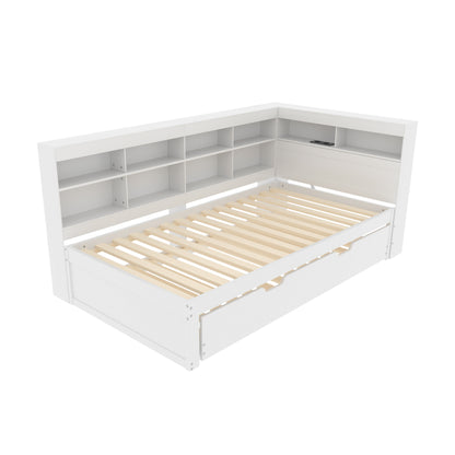 Multifunktions-Schlafsofa 90x200 & 90x190 Ausziehbar - Massivholz Weiß mit USB-Anschluss, Stauraum & Ablagefächern - Praktisches Einzelbett, Weiß