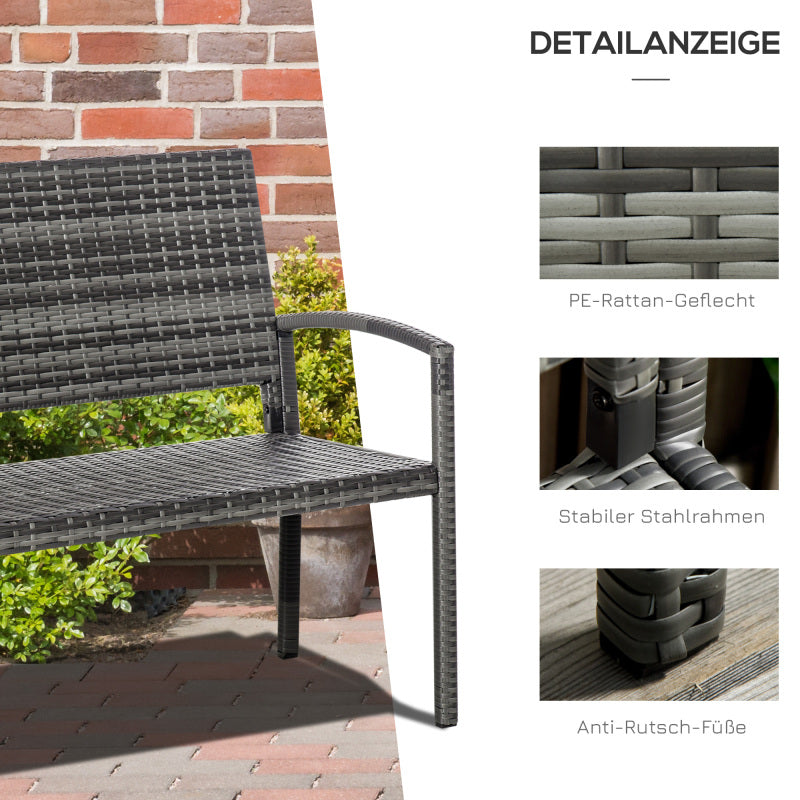 Gartenbank Rattan Optik Parkbank mit Stahlrahmen für 2 Personen Balkonbank bis 320 kg belastbar Grau Gartenmöbel