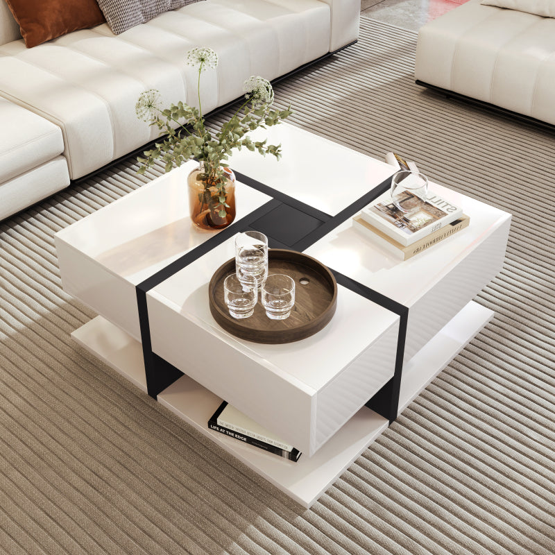 Hochglanz-Couchtisch, Tisch mit 4 Schubladen, einzigartige Farbabstimmung und Liniendesign, Stauraum unten. 78*78*36cm