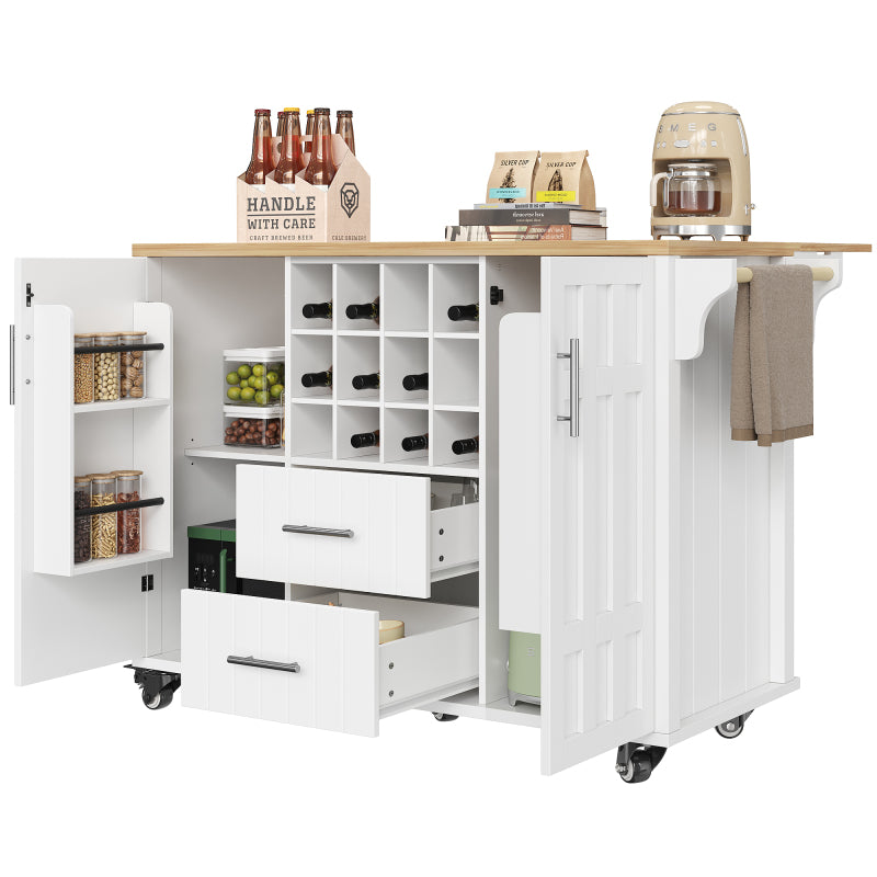 Kücheninsel mit herausnehmbaren Trennwänden, Esszimmerwagen mit Arbeitsplatte, Buffetschrank, Esszimmerwagen mit Holzmaserung, seitlicher Handtuchhalter, mit Weinregal, mit Rollen, weiß