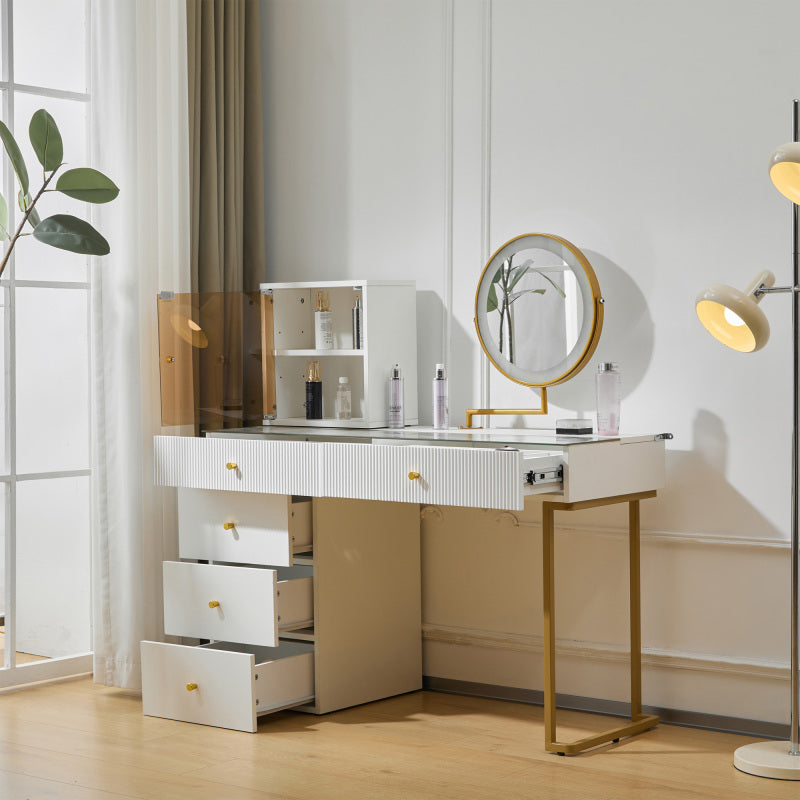 Schminktisch-Set mit LED-beleuchtetem Spiegel, transparenter Tischplatte aus gehärtetem Glas, Schminktisch-Seite und Schrank, elegante Möbel, weiß, Maße: 120 x 45 x 115 cm(ohne Hocker)