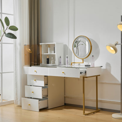 Schminktisch-Set mit LED-beleuchtetem Spiegel, transparenter Tischplatte aus gehärtetem Glas, Schminktisch-Seite und Schrank, elegante Möbel, weiß, Maße: 120 x 45 x 115 cm(ohne Hocker)