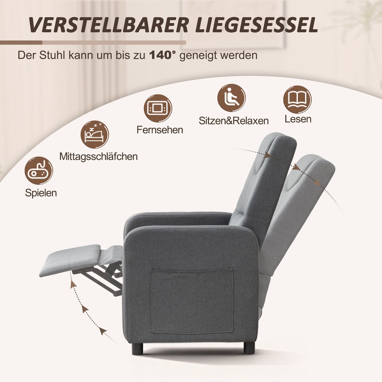 Relaxsessel Fernsehsessel Ruhesessel Liegesessel mit Liegefunktion Verstellbar Dunkelgrau
