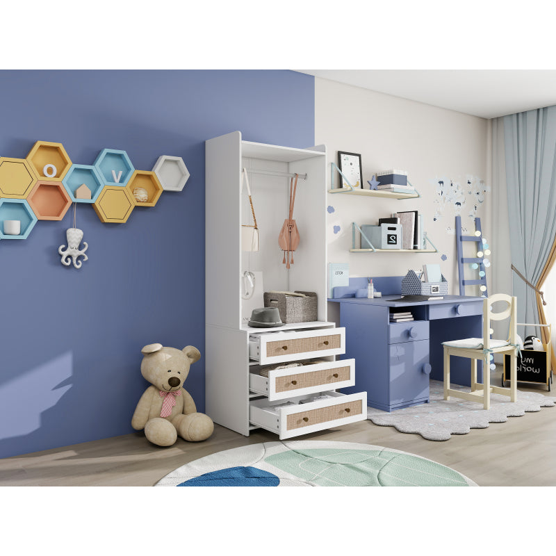 Weißer Kleiderschrank mit drei Schubladen – Garderobe mit Stauraumregal im Boho-Stil – Höhe 180 cm – ideal für Flur, Wohnzimmer, Schlafzimmer, Arbeitszimmer oder Büro.Maße:70*48*180cm