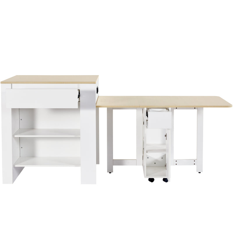 Ausziehbarer Bartisch mit Stauraum(110-124×78×97.5cm), für 2-6 Personen, Kücheninseln mit 2 Schubladen, 2 seitliche offene Regale und eingebaute Steckdose,Tischplatte aus weiß marmoriertem MDF,Weiß