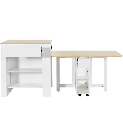 Ausziehbarer Bartisch mit Stauraum(110-124×78×97.5cm), für 2-6 Personen, Kücheninseln mit 2 Schubladen, 2 seitliche offene Regale und eingebaute Steckdose,Tischplatte aus weiß marmoriertem MDF,Weiß