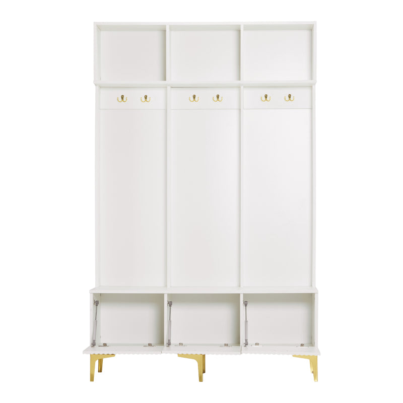 Garderobenset mit Bank, multifunktionale Aufbewahrungsbank, offene Aufbewahrung,6 goldene Haken und Füße, geeignet für Flur, Wohnzimmer, weiß, B120/D40/H191.5CM