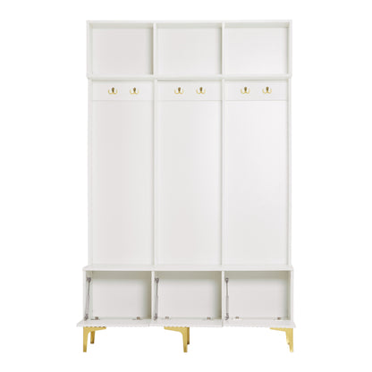 Garderobenset mit Bank, multifunktionale Aufbewahrungsbank, offene Aufbewahrung,6 goldene Haken und Füße, geeignet für Flur, Wohnzimmer, weiß, B120/D40/H191.5CM