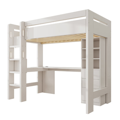 Kinderbett Hochbett mit L-förmigem Schreibtisch, Regalen und Schubladen mit USB/Type-C Ladebereich, Jugend-Einzelbett mit Leiter und Holzlattenrost, 90×200cm, Weiß, ohne Matratze.
