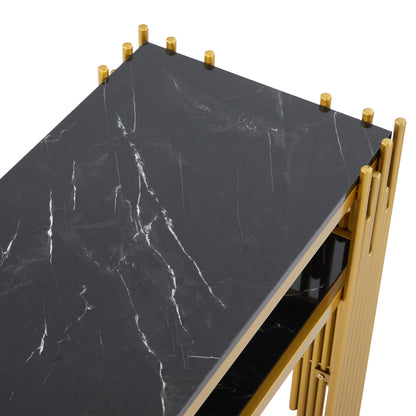 Mid-Century Modern Wohnzimmer Beistelltisch, Konsolentisch, Schwarzer Korpus mit goldenen Beinen, Doppelschicht MDF, Belastbarkeit bis 40 kg