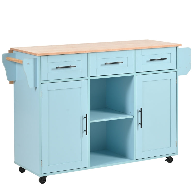 139x46(71)x91,5 cm großer Esswagen/Anrichte, Korpus Blau + Arbeitsplatte in Massivholzmaserung, klappbare Arbeitsplatte, Ablagetür, Rollen, auswechselbare Massivholzfüße, geeignet für Esszimmer, Küche