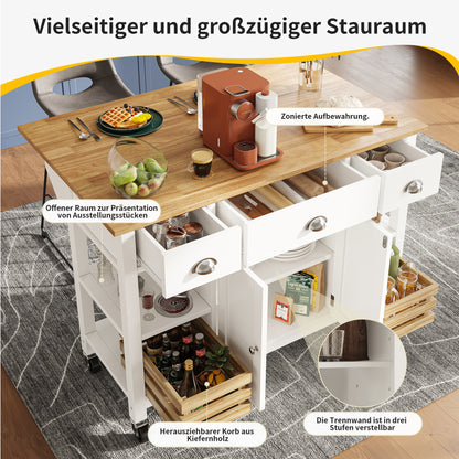Moderne Kücheninsel Küchenschrank 120x45x90cm Esszimmerwagen mit Kiefernkorb Multifunktions Esstisch Holzmaserung Aufbewahrungskorb Weiß