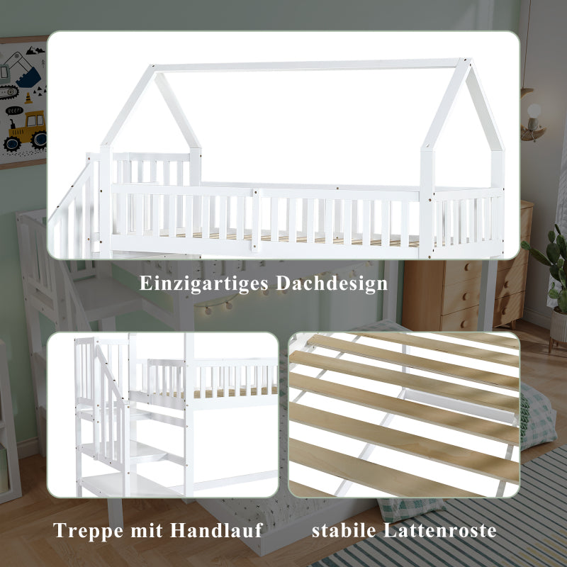[29994142WAA]Etagenbett, Hausbett mit Treppe, Kinderbett mit Fallschutz und Gitter, Rahmen aus Kiefer, weiß (90x200&140*190cm)