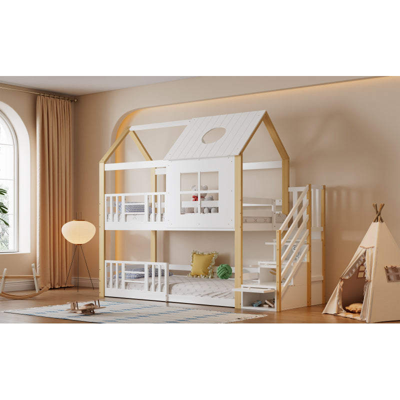 Etagenbett mit Aufbewahrungstreppe, Hausbett, Kinderbett, mit Fallschutzgitter, mit Fenster und Dach, Kiefer+MDF, Weiß+Natur, 90x200cm