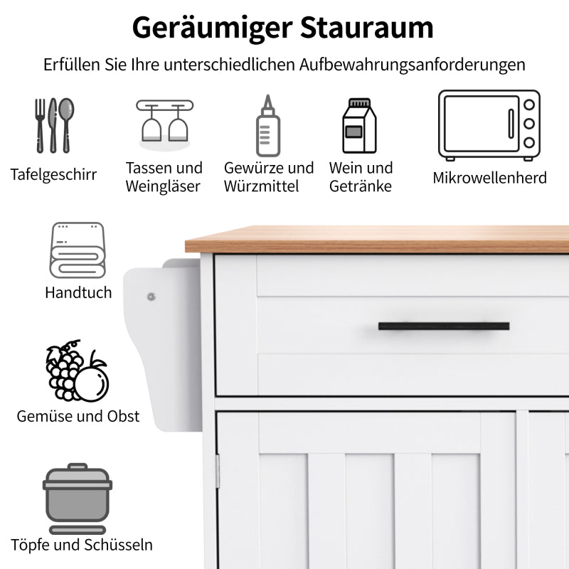 129x46(71)x91,5 cm großer Speisewagen/Sideboard, Arbeitsplatte mit Massivholzmaserung + Weiß Schrank/faltbare Arbeitsplatte/Aufbewahrungstür-Design/Räder/Massivholzfüße umschaltbar/für Zuhause geeig