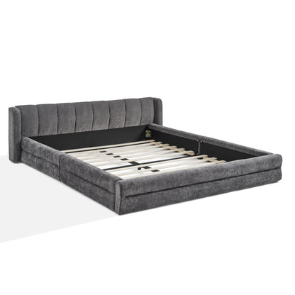 Doppelbett 140×200 cm, Chenille Stoff, komfortable Rückenlehne, robustes Eukalyptus und Eisengestell, einfach zu montieren, Dark Gray (ohne Matratze)