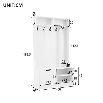 Garderobenset, Komplett-Set Flurgarderobe mit Sitzbank, 6 Haken, 1 Türen & 4 Offener Lagerraum, Weiß