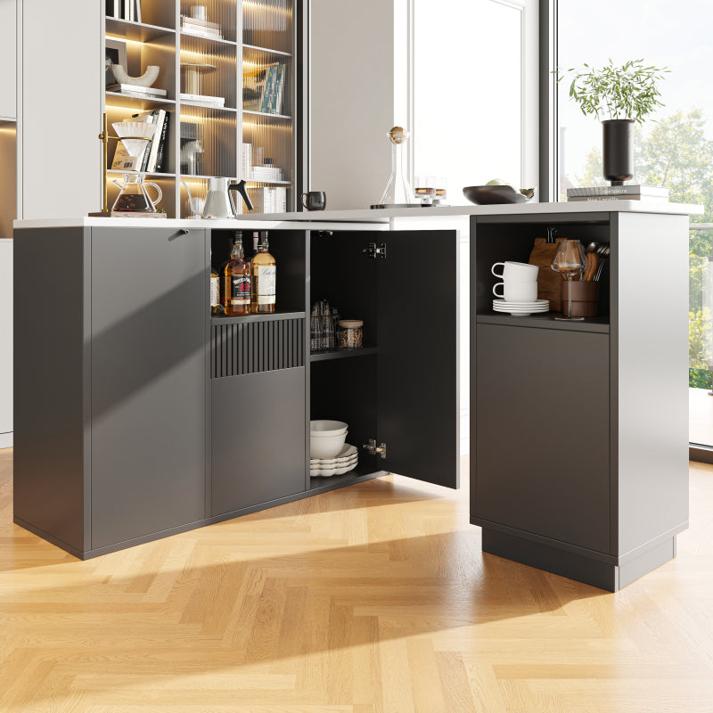 Um 360° drehbarer Bartisch (Hauptkörper 198,5 x 30 x 75 cm), modernes und schlichtes schwarzes Design, mit offenem Stauraum und Marmor-Arbeitsplatte, multifunktionale Aufbewahrungsinsel, geeignet für