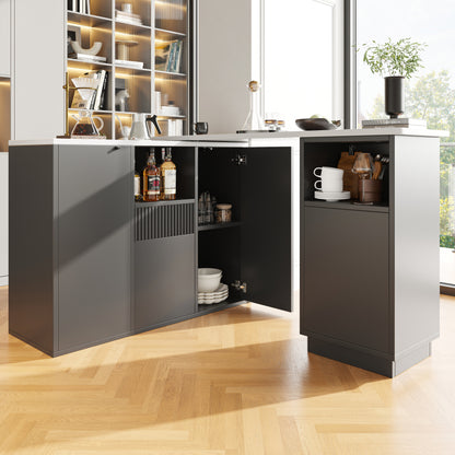 Um 360° drehbarer Bartisch (Hauptkörper 198,5 x 30 x 75 cm), modernes und schlichtes schwarzes Design, mit offenem Stauraum und Marmor-Arbeitsplatte, multifunktionale Aufbewahrungsinsel, geeignet für