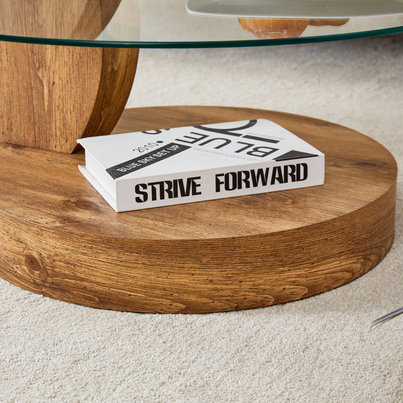 Moderner minimalistischer gehärteter Glas-Couchtisch, mehrschichtiges Design, mit natürlichen Holz-Textur-Aufklebern