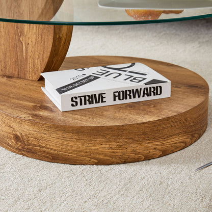 Moderner minimalistischer gehärteter Glas-Couchtisch, mehrschichtiges Design, mit natürlichen Holz-Textur-Aufklebern