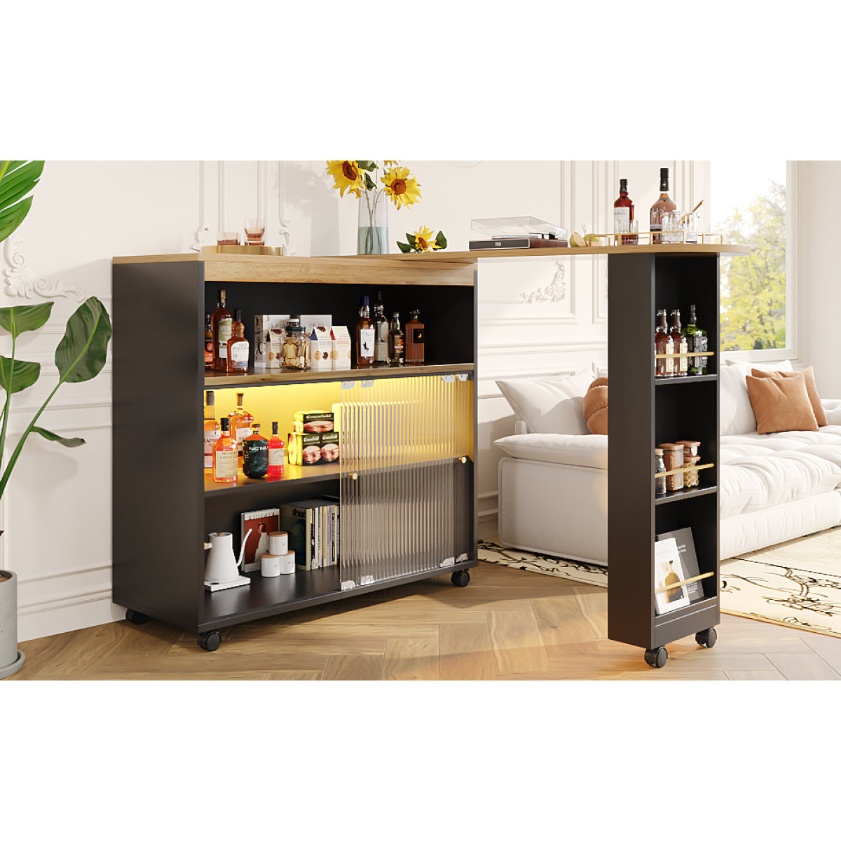 Produkttitel:  Bartisch ausziehbar 138-204cm, fahrbarer Stehtisch mit LED & Changhong-Glas, Küchentisch mit Rollen & Stauraum, Bistro Table, Schwarz