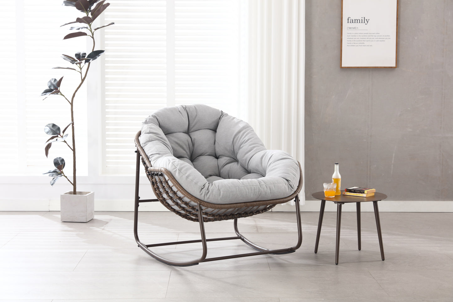 Outdoor Rocking Chair, Patio Oversized Wicker Egg Rocking Chair, Indoor & Outdoor Comfy Rocker Chair with Thick Cushion, Modern Lounge Chair for Balcony, Front Porch, Garden, Backyard, Deck Gray