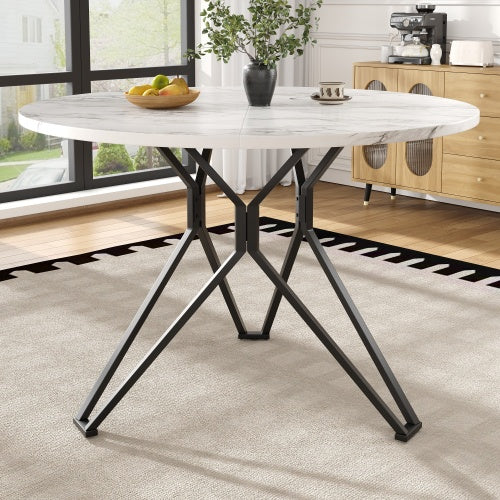 Esstisch-Set (5-teilig), Esstisch-Set mit 4 Stühlen, Modernes Küchen-Esstisch-Set, Runder Küchentisch mit Durchmesser 100 cm, Schwarze Metallbeine, MDF-Marmor-Tischplatte, Graue Samt-Esszimmerstühle