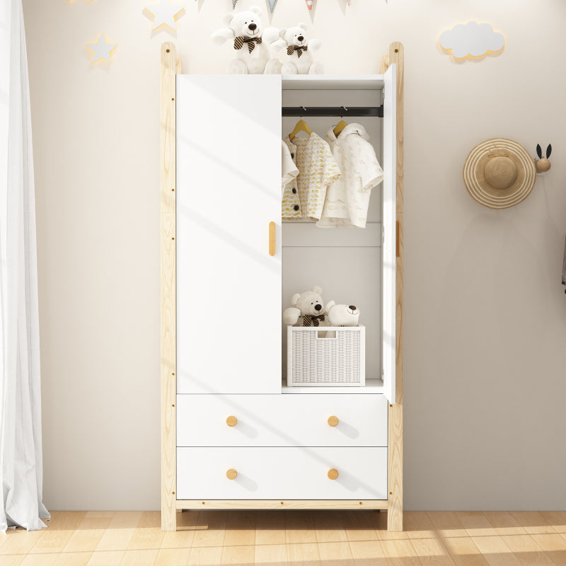 2-türiger Kleiderschrank, Kleiderschrank mit Kleiderstange, für Schlafzimmer, Wohnzimmer, Flurgarderobe geeignet,  weißer Körper + Kieferrahmen