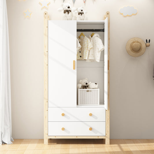 2-türiger Kleiderschrank, Kleiderschrank mit Kleiderstange, für Schlafzimmer, Wohnzimmer, Flurgarderobe geeignet,  weißer Körper + Kieferrahmen