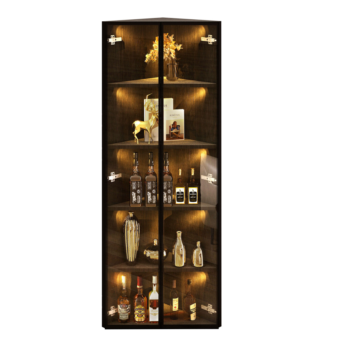 Eckvitrine 62x35x160cm Schwarz mit LED – Staubgeschützte Glasvitrine aus Sicherheitsglas & MDF, moderner Eckschrank mit Soft-Close-Türen