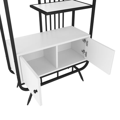 80 x 30 x 180 cm Metallregal, weißer Lagerschrank mit Doppeltür, drei Regalböden, schwarzes Metallregal, hohe Metallfüße, runde Dekoration, weiß + schwarz
