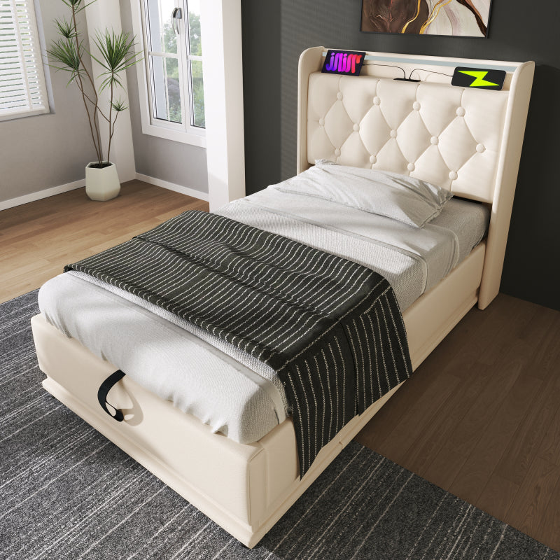 Polsterbett einzelbett, 360-Surround-LED-Funktion, Drucktaste/App/Fernbedienung, 90*200 cm, weiß PU-Material Hydraulisches Lagerbett, gepolstertes Kopfteil mit USB Typ-C Ladefunktion (Mit Matratze)